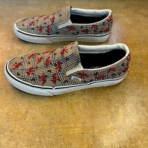 Vans Plaid Slip-On Sneakers with Red Floral Accents